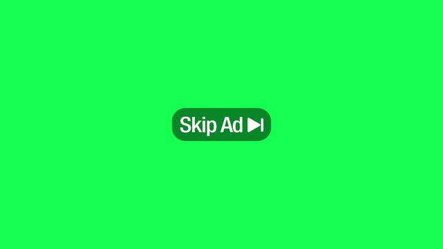 Skip ad button icon sign loop animation on green transparent background. Skip ads button user interface element. Media player skip control icon animation with alpha channel
