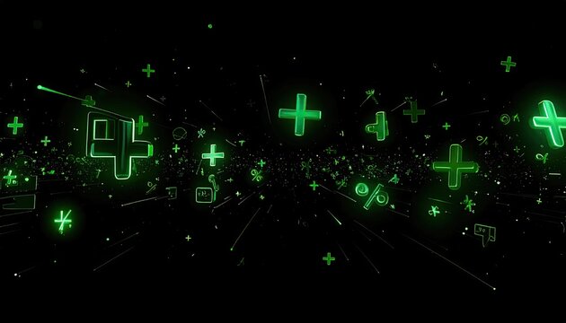3D green plus signs and math symbols on a digital technology background.
