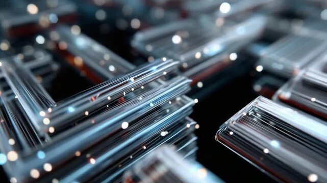 Abstract Technological Structure: A complex, abstract network of interconnected metallic rods and luminous particles creates a futuristic, technological aesthetic.