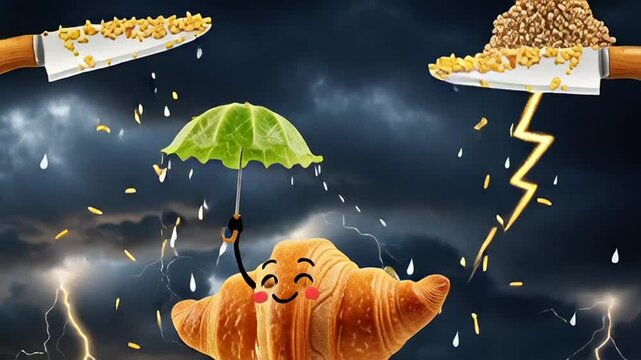 cute snail with umbrella in stormy rainbow landscape under lightning