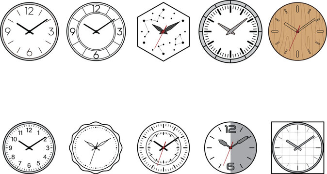 Modern Wall Clock Collection with Decorative Analog Timepiece Vector Designs