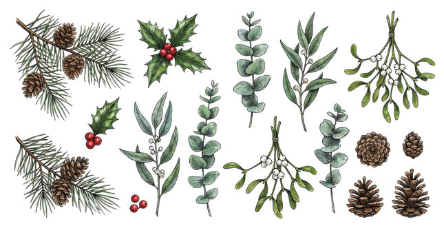 Watercolor christmas botanical elements set with holly pine cones and branches