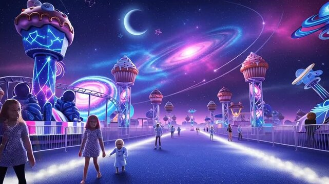 Vibrant futuristic carnival at night with neon lights and space elements
