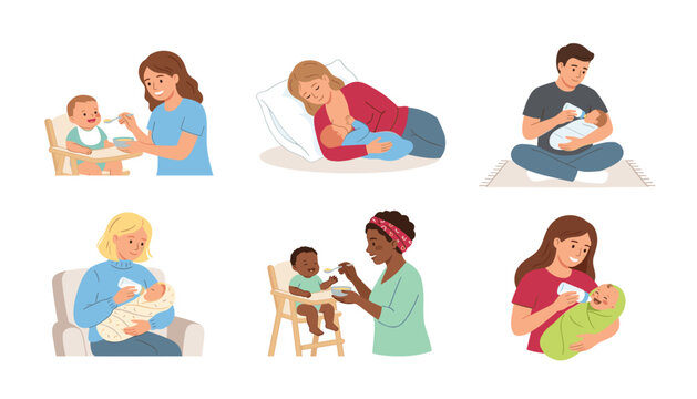 Vector illustration set of diverse parents feeding babies by breastfeeding, bottle, and solid food, isolated on white background.