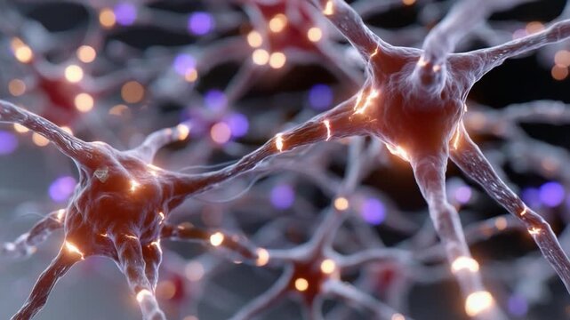 Neural Network Close-up: A detailed, abstract visualization of a neural network, showcasing the intricate connections and electrical impulses between neurons.