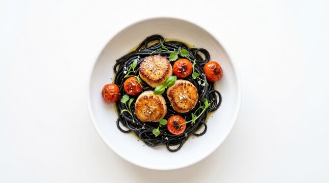 Gourmet pan-seared sea scallops served over black squid ink spaghetti with roasted cherry tomatoes and fresh herbs in white bowl. Elegant seafood dish on a minimalist white background setting.