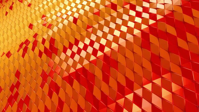 Abstract 3D seamless loop animation of red and gold metallic rhombus tiles waving in smooth motion. Elegant glossy geometric pattern background for luxury, corporate, or technology projects.
