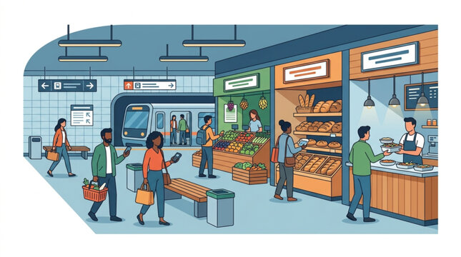 People shopping at a subway station market.