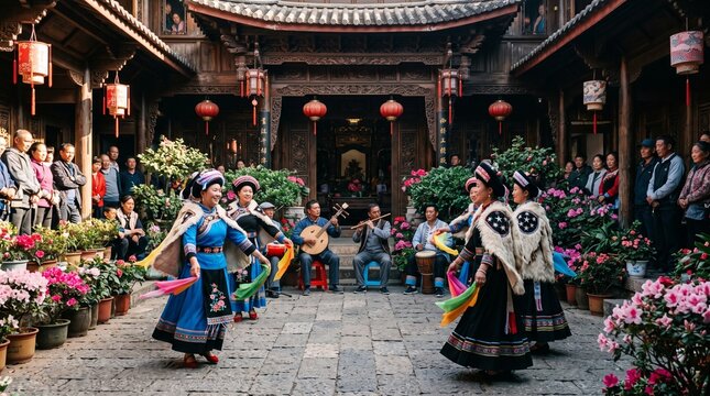Performers in traditional blue and black fur-trimmed outfits dance in a courtyard while musicians play folk instruments for a gathered audience