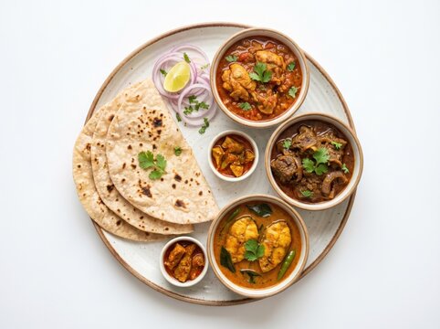 Authentic Indian thali platter with aromatic meat and fish curries, handmade wheat roti flatbread, spicy pickles, fresh red onion rings and lime garnish in bright overhead studio lighting.