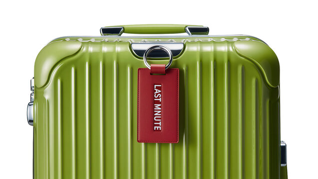 Isolated green modern suitcase with a red "LAST MINUTE" tag, travel and vacation concept