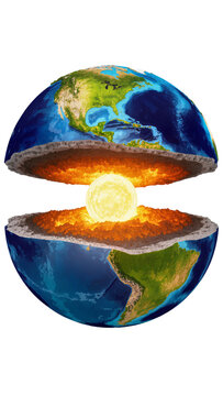 Isolated Earth cross-section revealing internal layers, glowing core, continents and oceans