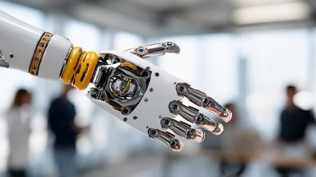 Robotic Handshake: A futuristic robotic hand extends in a gesture of welcome or partnership, symbolizing the integration of artificial intelligence and human interaction in a modern.