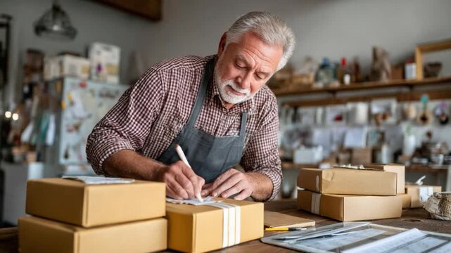 Small Business Owner At Work: A mature male entrepreneur with a grey beard, wearing an apron, diligently writes on a shipping label affixed to a cardboard box in his workshop.