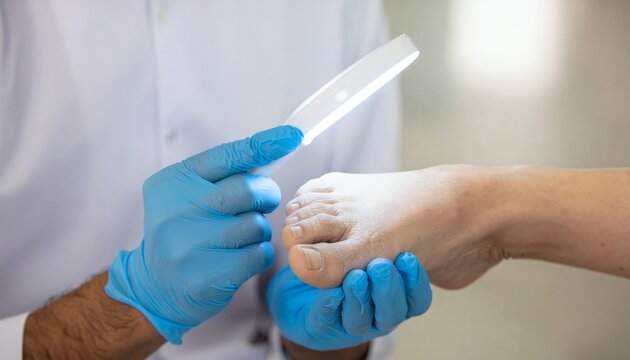 Close-up of a doctor wearing blue gloves using a lighted magnifying glass to examine a patient's foot and toenails for skin conditions or fungal infections during a clinical checkup.