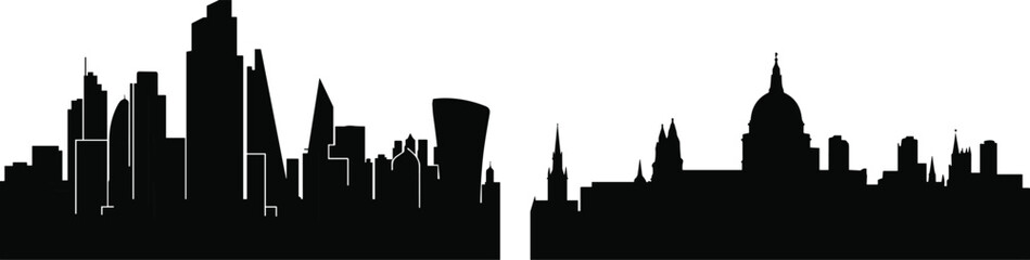 Two contrasting city skyline silhouettes featuring modern glass skyscrapers and traditional historical domed architecture © IconicCreations