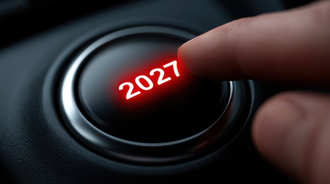 Close-up of a finger pressing a start button with the year 2027 glowing in red