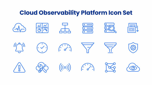 Cloud observability platform icon set a collection of blue line icons on a white background computing digital interface