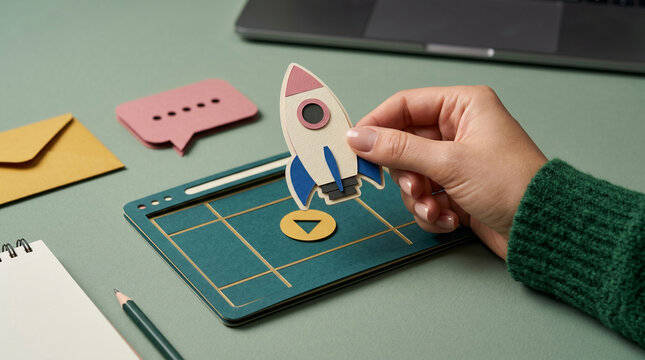 Hand holding a paper rocket over a digital tablet on a desk in a creative office workspace setting