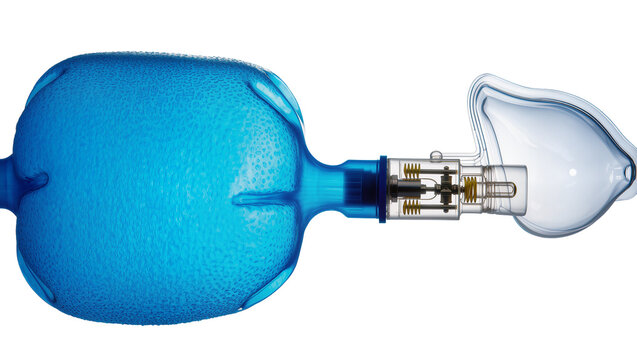 Isolated blue manual resuscitator medical device with oxygen mask for emergency breathing aid