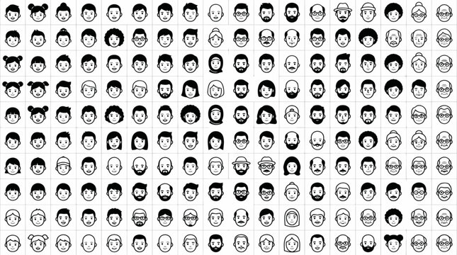 Extensive grid of tiny black and white human face icons.