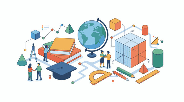 Isometric educational illustration with math tools globes and books