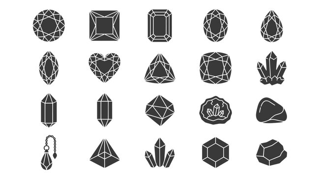 Geometric black icons of various gemstones and crystals.