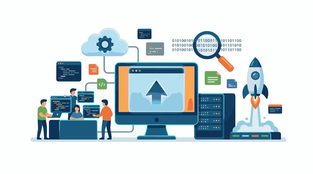 Illustration of people working on computers with a large monitor cloud and rocket