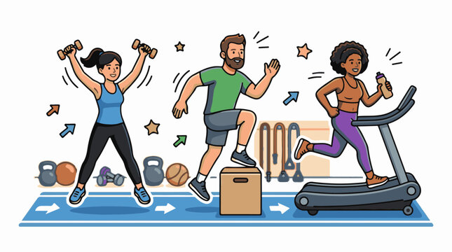 Illustration of people exercising in a fitness class with various equipment