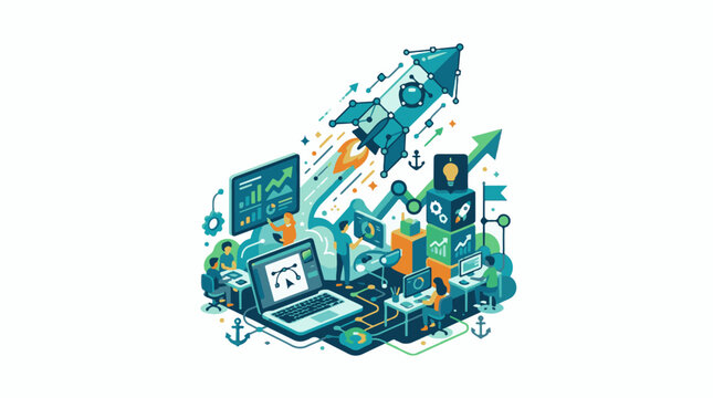 Isometric illustration of team collaboration launching a rocket symbolizing growth