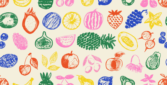 Seamless pattern hand drawn summer food, cocktail, fruits, berries icon. Retro charcoal pencil with orange, dragon fruit, plum, watermelon, grapefruit, blackberry, blueberry. Botanical sketch print.