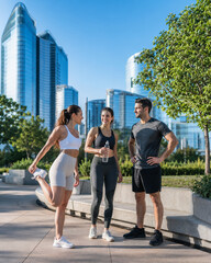 Fototapeta premium Three Friends Jogging In Sunny City Park
