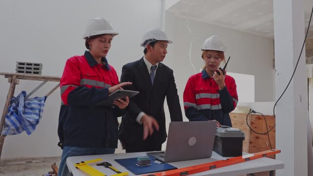 Construction engineer building architect worker helmet laptop blueprint table inspection team reviewing indoor site plan with digital device safety gear renovation workflow