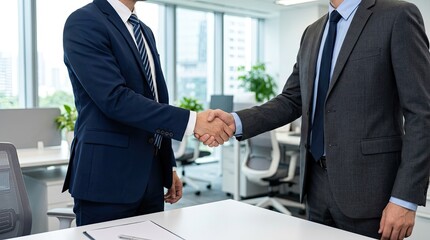 Fototapeta premium Professional Businessmen Shaking Hands, Sealing Agreement in Bright Modern Office