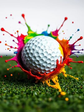 Vibrant splash of paint encases a golf ball, blending sport and creativity, colorful, golf