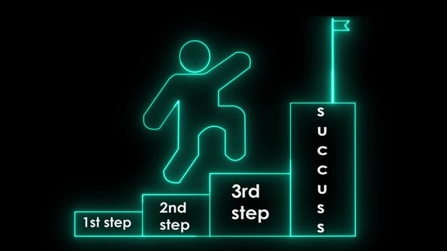 Neon Business Success Animation &ndash; Person Climbing 1st, 2nd, 3rd Steps to Flag, Career Growth and Achievement Concept Loop

