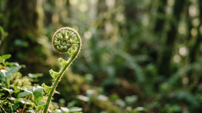 Vibrant green fiddlehead fern unfurling on a damp mossy forest floor, soft warm natural backlighting, dreamy bokeh background, symbolizing growth, renewal, spring, and ecological purity.