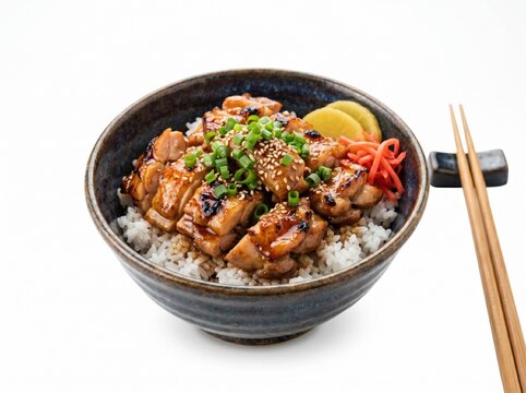 Delicious Japanese chicken teriyaki donburi bowl with steamed rice, pickled ginger, radish, and fresh scallions under bright studio lighting on white background, ideal for Asian restaurant menu.
