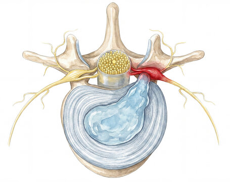 Herniated disc of the lumbar spine, stenosis, slipped . Medically Illustration