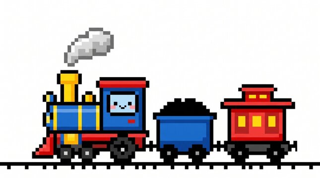 Kawaii Pixel Art Smiling Steam Train: Cute 8-Bit Locomotive with Coal Car and Caboose