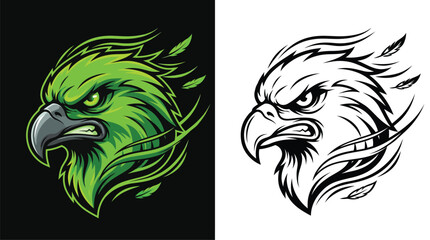 Naklejka premium Aggressive Green Eagle Head with Feathers and Flames Illustration.