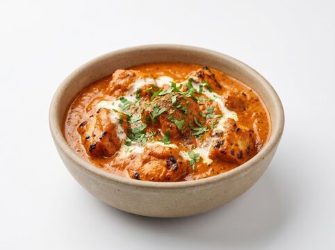 Creamy Indian butter chicken tikka masala curry garnished with fresh cilantro and a cream swirl in a rustic ceramic bowl over a bright white studio background, ideal for food menu.