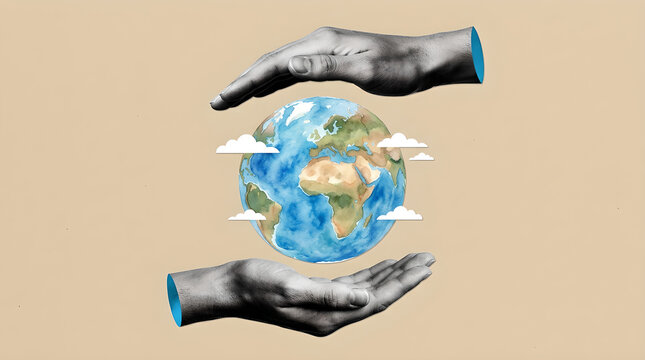 Surreal collage art of two human hands protecting the planet earth with clouds.