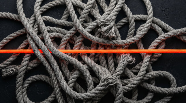 Glowing orange rope cutting through tangled grey ropes, representing workflow optimization, fast-track efficiency, and problem solving.