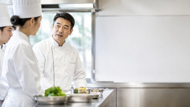 調理師学校の厨房で学生に指導する講師シェフ