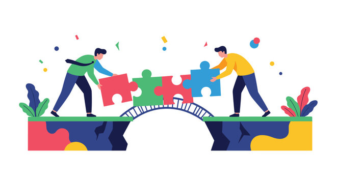 Two professional individuals working together to bridge a gap using large colorful jigsaw puzzle pieces for success.