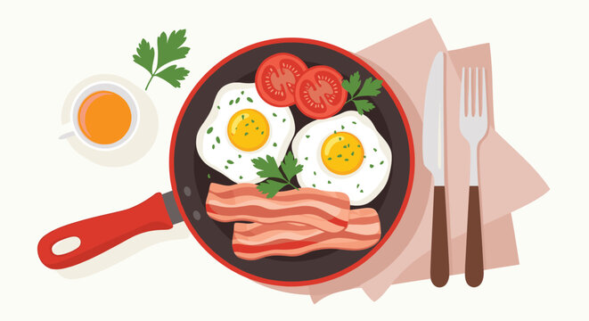Delicious breakfast of fried eggs, crispy bacon strips, and fresh tomatoes served in a red pan with tea and herbs.