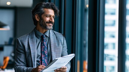 Fototapeta premium Confidently dressed man holding documents near modern office window with cityscape view.
