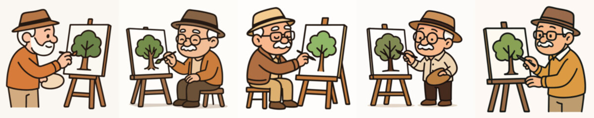 Fototapeta premium Set of vector illustrations of a grandfather drawing a tree