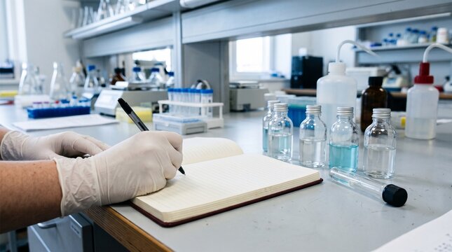 Laboratory Technician Recording Drug Formula Results After Experiment